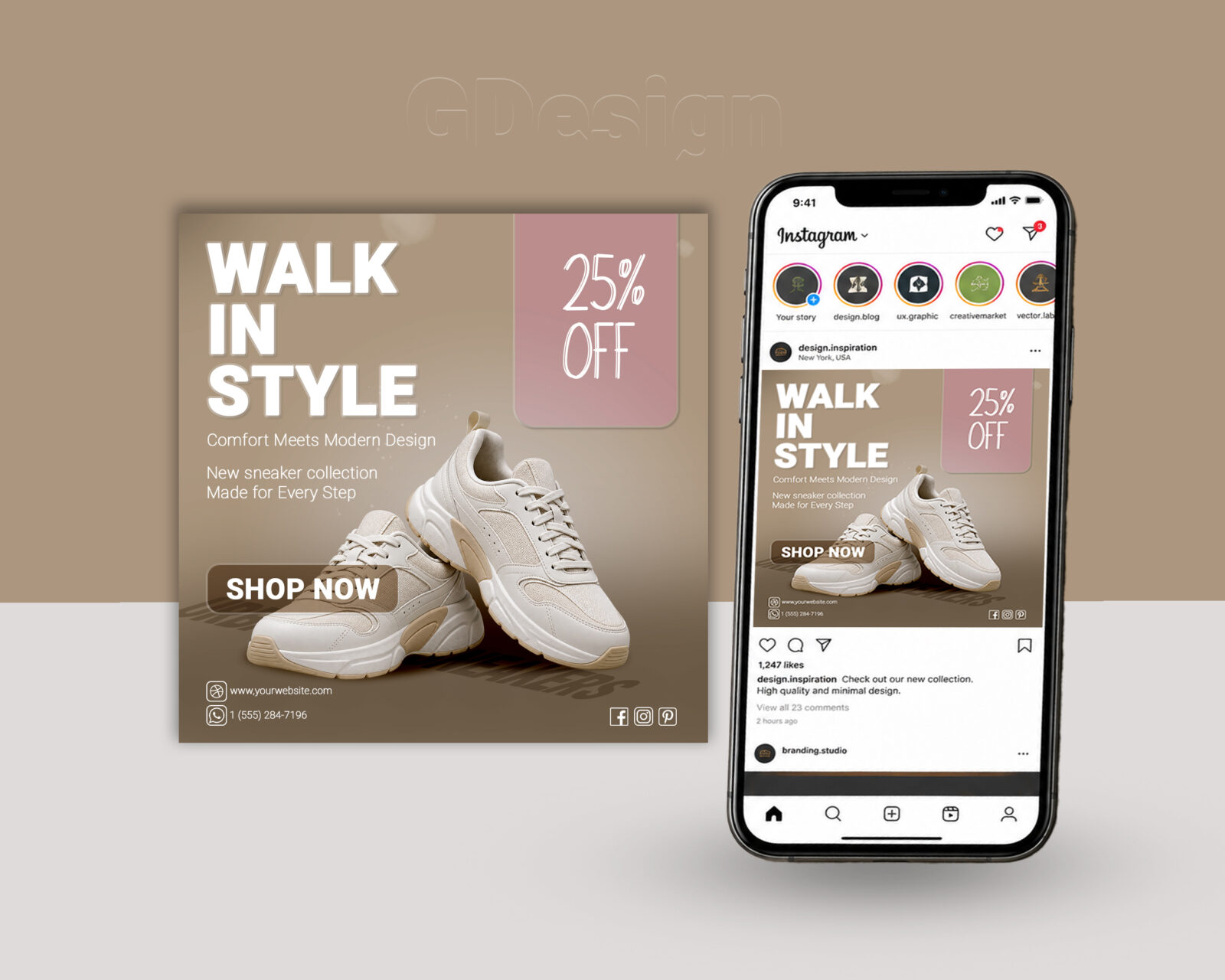Sneaker social media post design with 25% off sale promotion